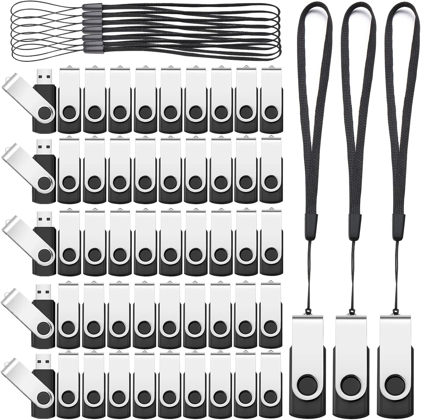 Aoriher 50 Pack USB 2.0 Flash Drives Bulk, Portable USB Thumb Drives with Lanyards, Swivel Flash Drives Thumb Drives for Office School Data Storage (2GB)