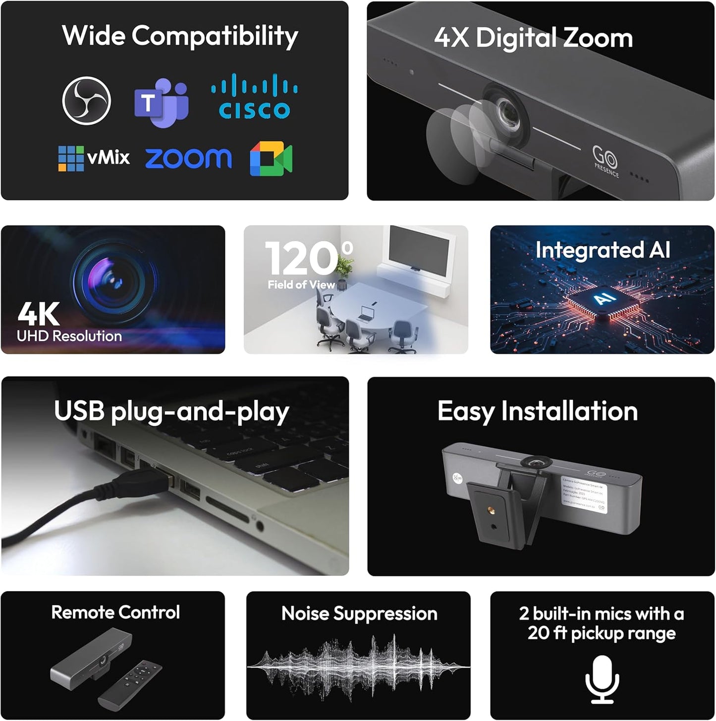 Smart 4K Compact Video Conference Camera – Ultra HD 120° Wide Lens, AI Auto-Framing, Noise-Cancelling Mics, 20ft Pickup, Plug-and-Play USB for All Video Conference Platforms – Small Rooms