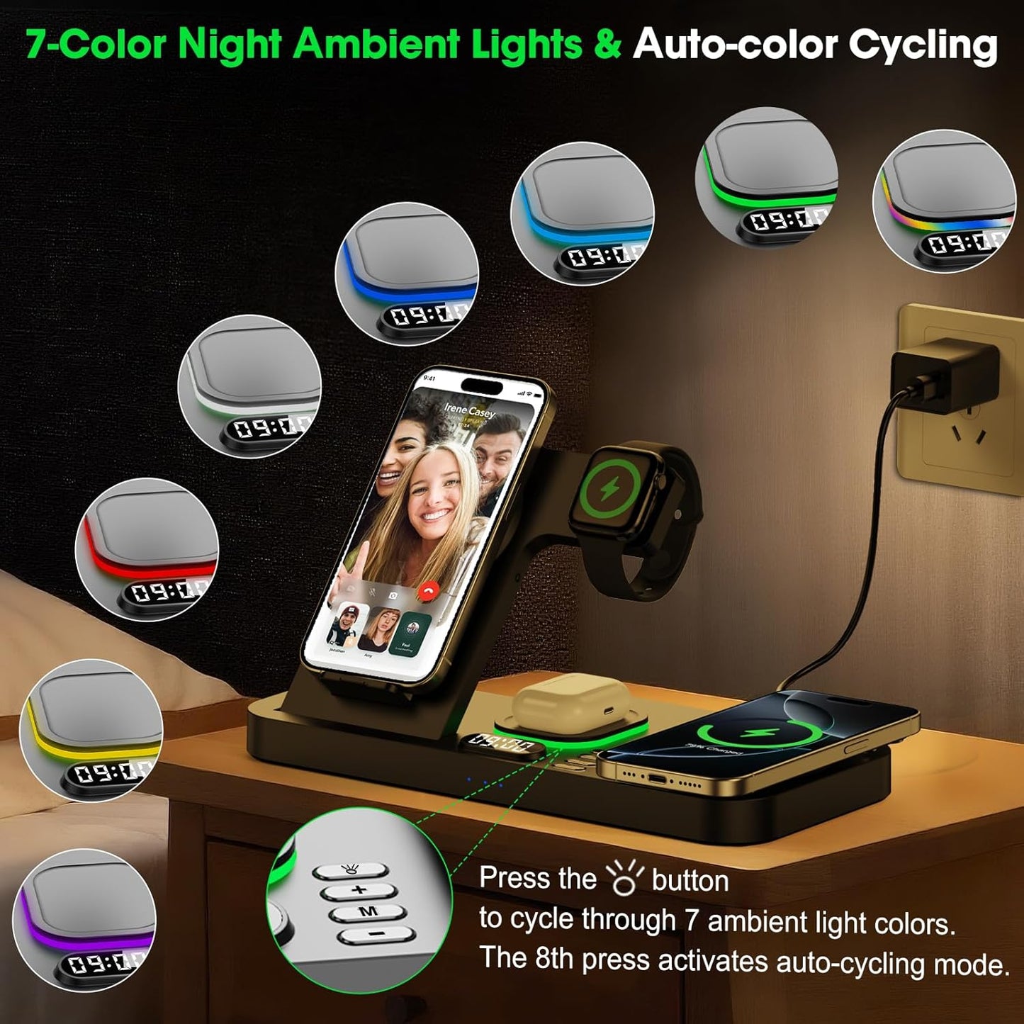 Dual Phone Wireless Charging Station for Apple Devices, Magnetic Charging Station for iPhone with Auto Switch 7-Color Light&Clock, Family Watch Charger for iPhone17 for iWatch10 for AirPods Pro3(Black