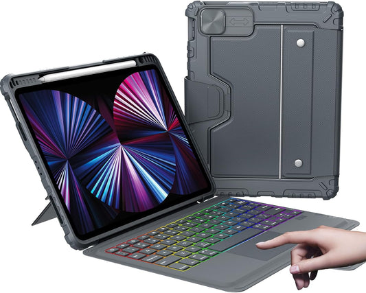 Nillkin iPad Air 13 inch Case Keyboard (M3,2025/M2,2024), Slide Camera Cover, iPad Pro 12.9 Protective Case with Backlit Wireless Detachable Keyboard, Multi-Touch Trackpad and Pencil Holder, Grey