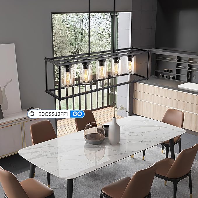 Black Dining Room Light Fixture, 5-Lights Modern Rectangular Chandelier with Clear Glass Shades, Farmhouse Linear Island Lights for Kitchen Pool Table Bar, L35.4