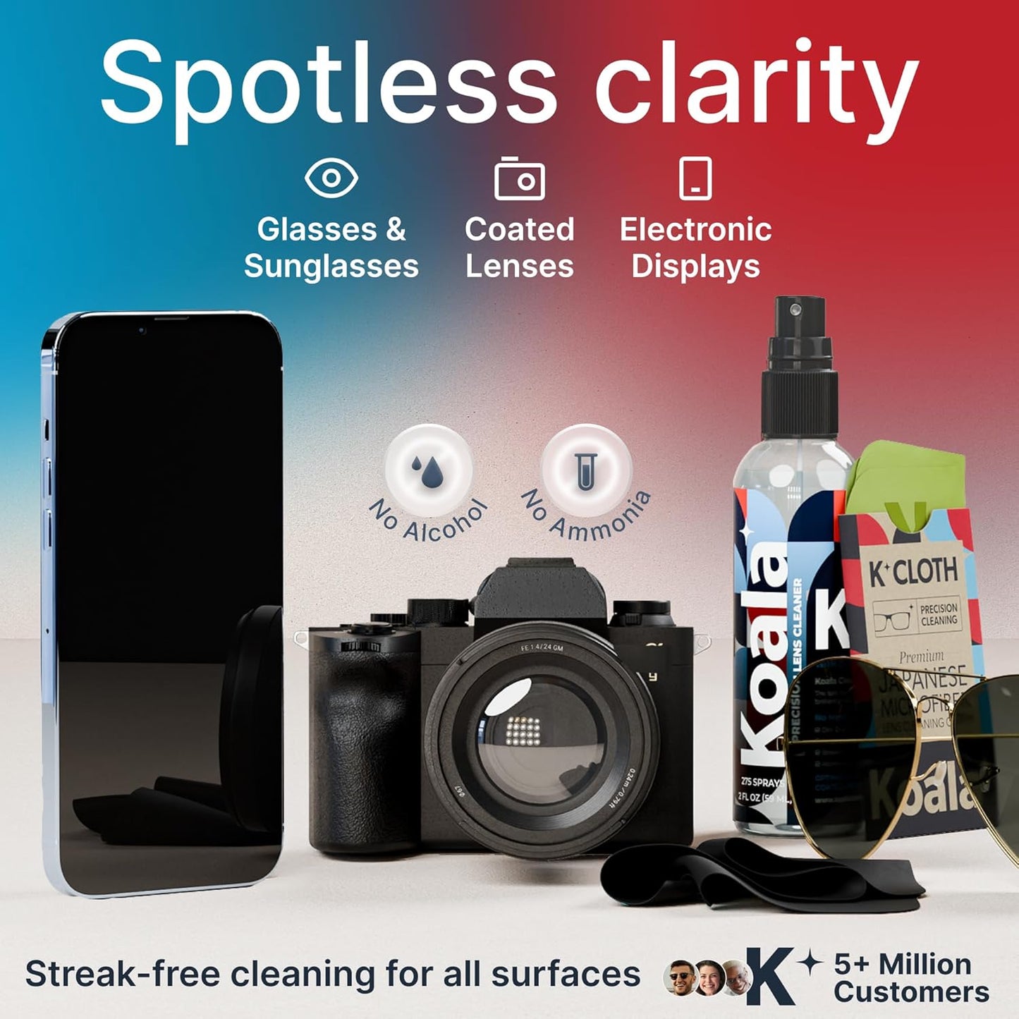 Koala Eyeglass Lens Cleaner Spray Kit | (2x) Glasses Cleaner Bottle + (2x) Microfiber Cloth | Alcohol Free Eyeglasses, Screen, and Camera Cleaning Kit | Made in USA (4 Piece Set)