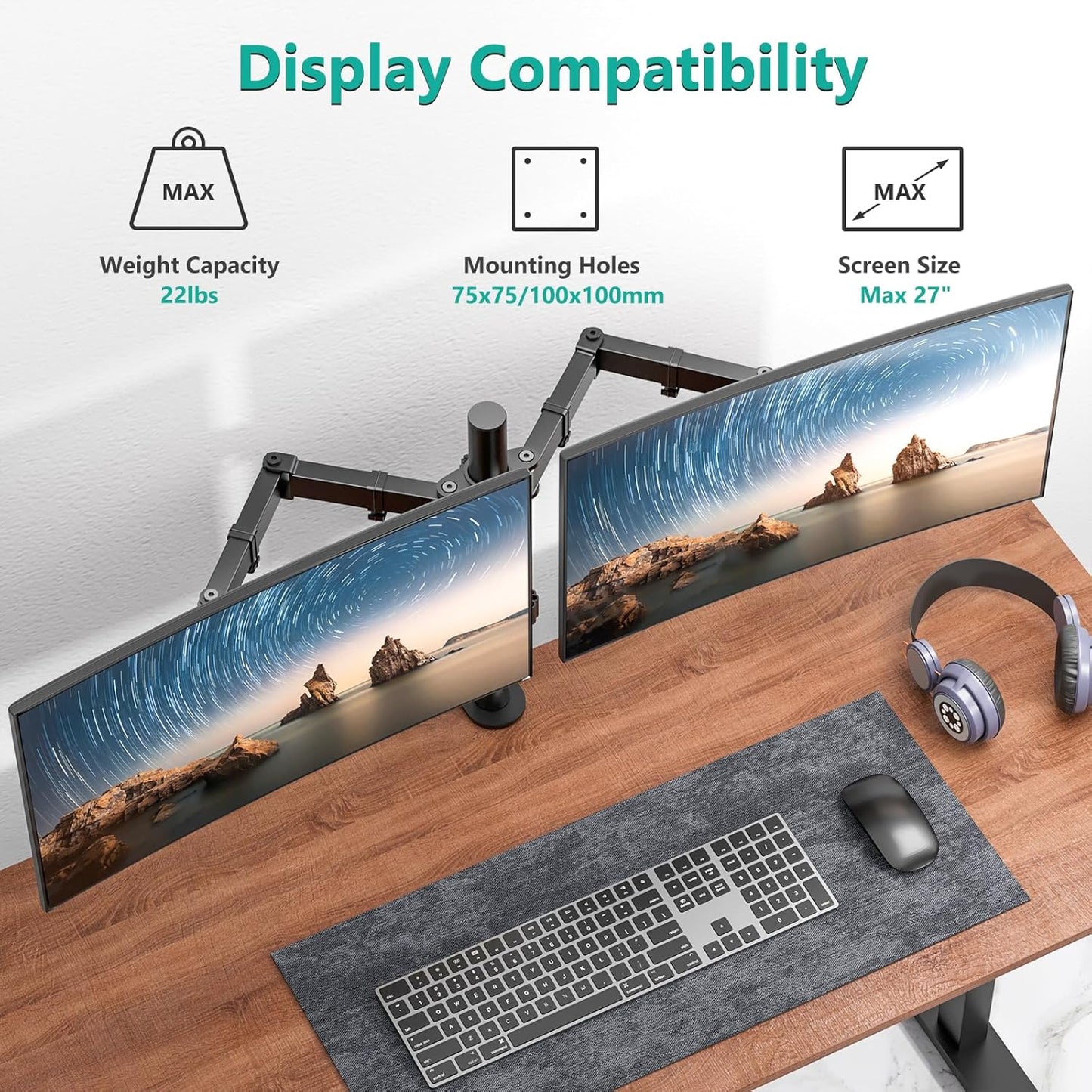 WALI Dual Monitor Stand for 13-27 inch Screens, Dual Monitor Mounts for 2 Monitors, 2 Monitor Desk Mount Holds up to 22 lbs, Height Adjustable Swivel Tilt Rotation, 75x75/100x100mm (M002), Black