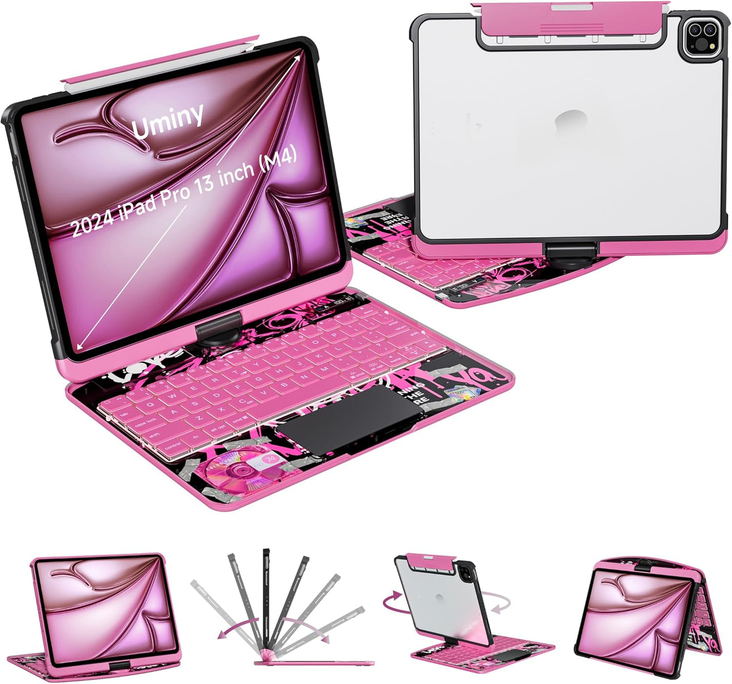 iPad Keyboard Case for 2024 M4 iPad Pro 13 inch, Magic Wireless Keyboard with Trackpad 7 Color Backlit, 360° Rotating Stand Transparent Protective Cover with Pencil Holder (Pink)