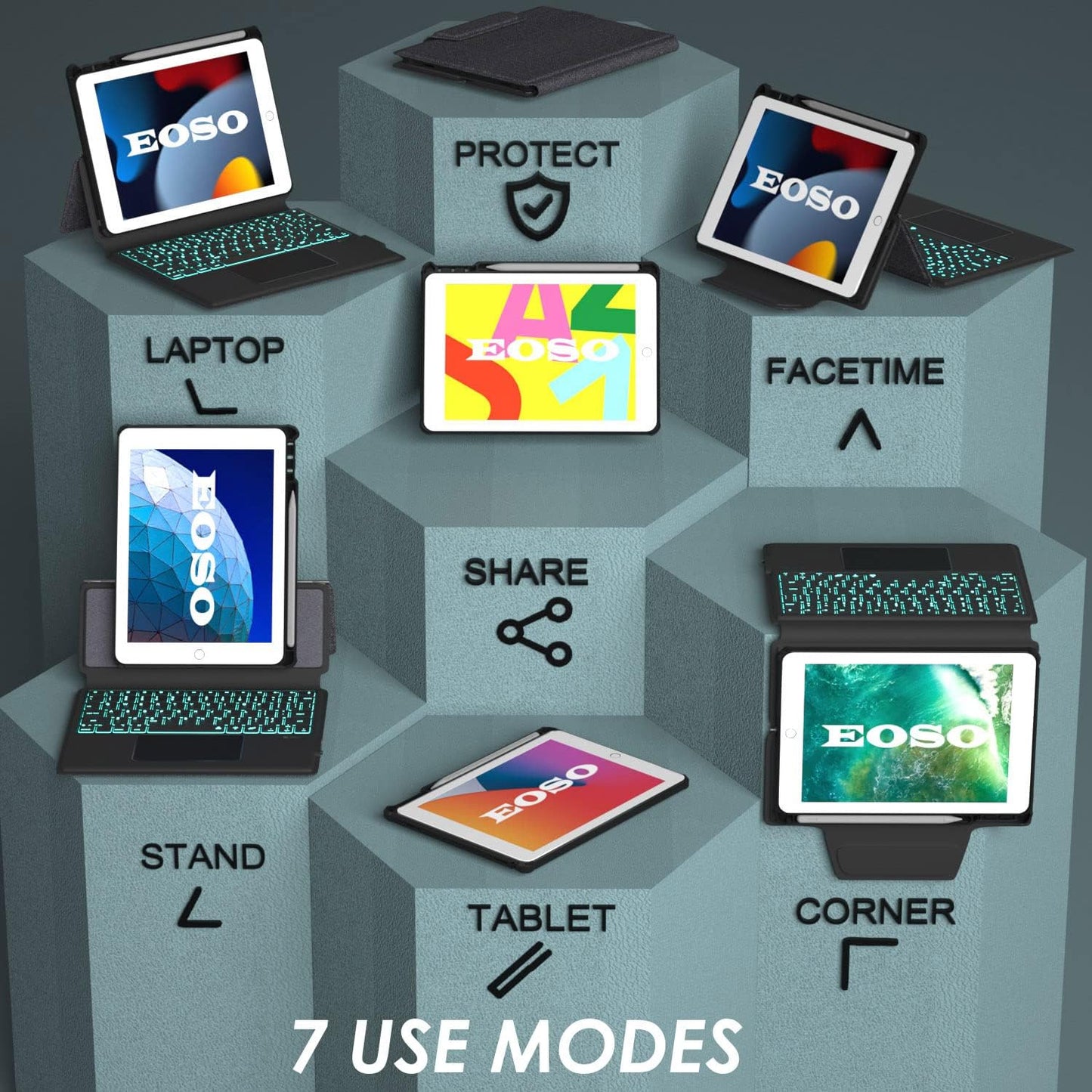 Trackpad iPad Keyboard Case for Apple iPad 10.2" 2021 9th&8th&7th Gen, Air 3,Pro 10.5-7 Color Backlight,Touchpad Detachable Slim Cover with Pencil Holder (10.2"/10.5",Black)