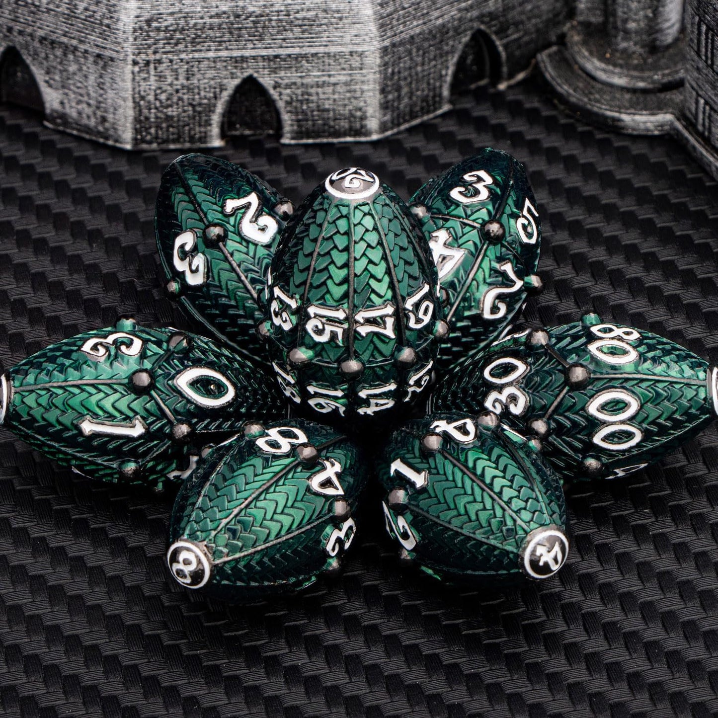 ARUOHHA DND Metal Dice Black Green Dragon Egg Dice with Metal Box, Role Playing Game RPG Polyhedral D and D Dice Set D20 D12 D10 D8 D6 D4