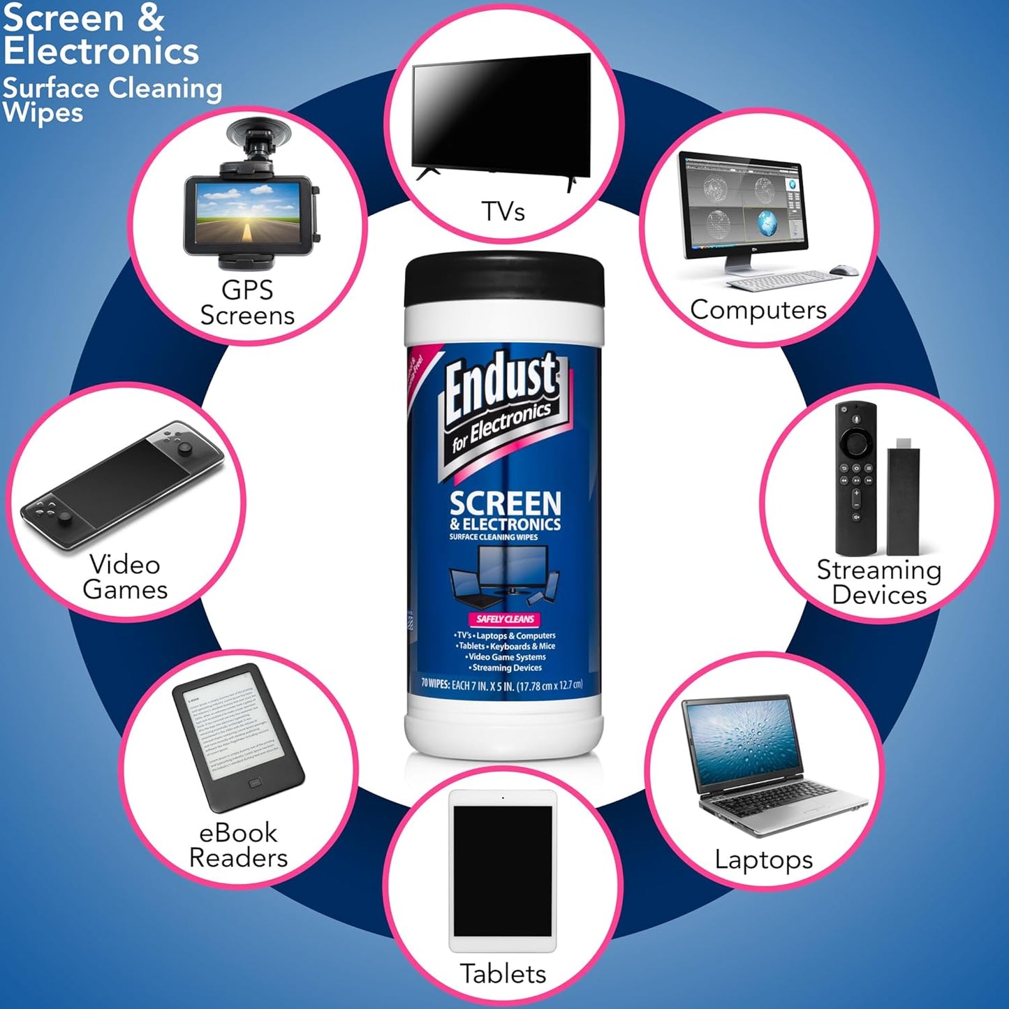 Endust For Electronics; Screen & Surface Cleaning Wipes, For TV, Phone, Computer Monitor, Laptop, Tablet, Pre-Moistened, Alcohol and Ammonia Free, 70 Count, 6 Pack (11506P6)