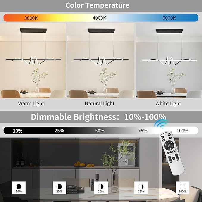Modern LED Pendant Light, 39.37in Black Chandelier Dimmable with Remote & Phone Control,3000K-6000K Adjustable Color Temperature, Aluminum Modern Kitchen Light Fixture for Dining Room