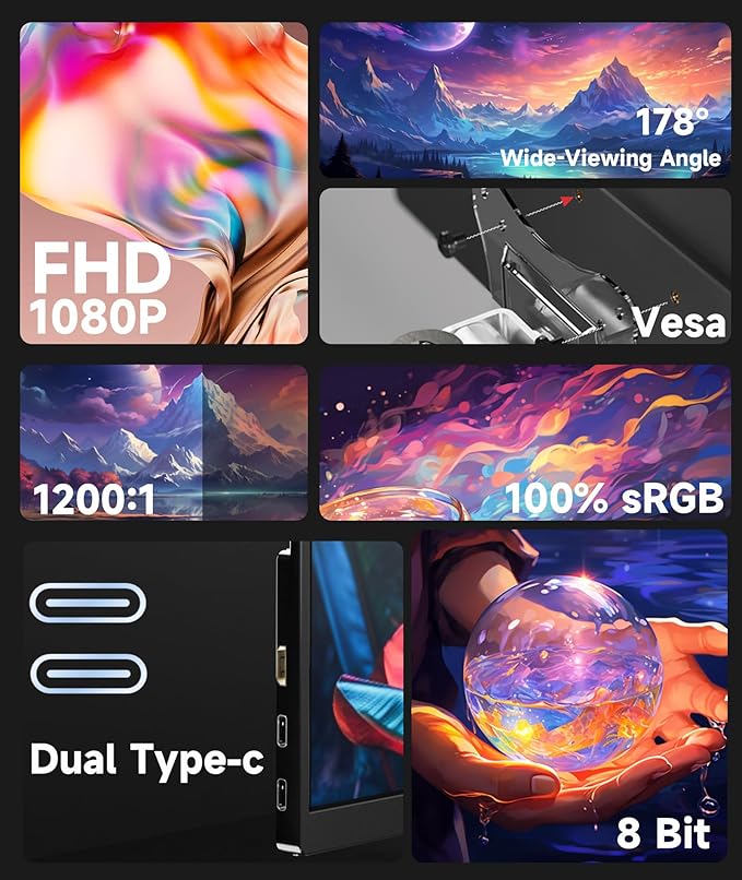 Ingnok Portable Monitor, 18.5 Inch FHD 1080P 100% sRGB Laptop Screen Extender USB C HDMI Portable Gaming Monitor w/Smart Cover & Speakers, External Monitor for Laptop Mac PC