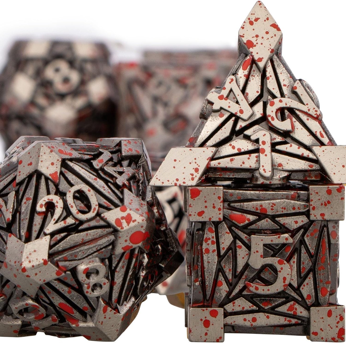 7PCS Metal DND Dice Set with Box, Debris RPG Blood Spatter D and D Dice for use with D&D Tabletop Games Role Playing Game Polyhedral Dice Set D20 D12 D10 D8 D6 D4