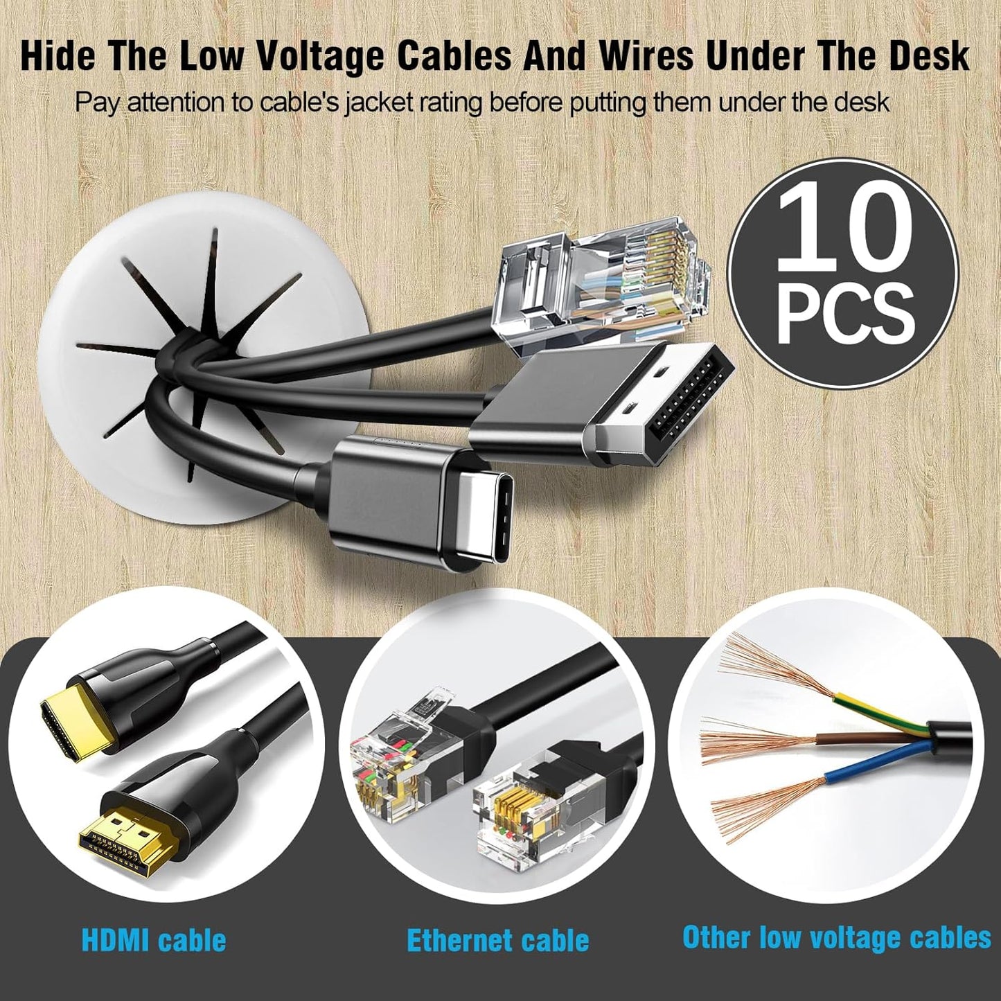 2-3/8" White Desk Grommet, JTemgle Flexible Cable Grommet Rubber Cable Hole Cover Wire Organizer Caps Desktop Cord Management for Home Office TV Stands Tabletops, 10 Pieces