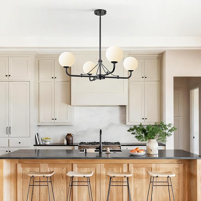 4 Lights Black Chandelier, Mid Century Modern Chandeliers for Dining Room, Hanging Sputnik Light Fixture for Living Room Kitchen Island Foyer Bedroom, Milk White Globe Glass Shade