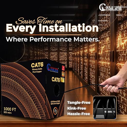 NewYork Cables | CAT6 Plenum Cable 1000ft UL/ETL Listed, 100% Pure Copper, UTP, 550MHz, 23AWG, 4Pair 10GB Ethernet Cable | Certified CMP-Rated Fire-Resistant (1000ft, Pure Copper UL Listed, Black)
