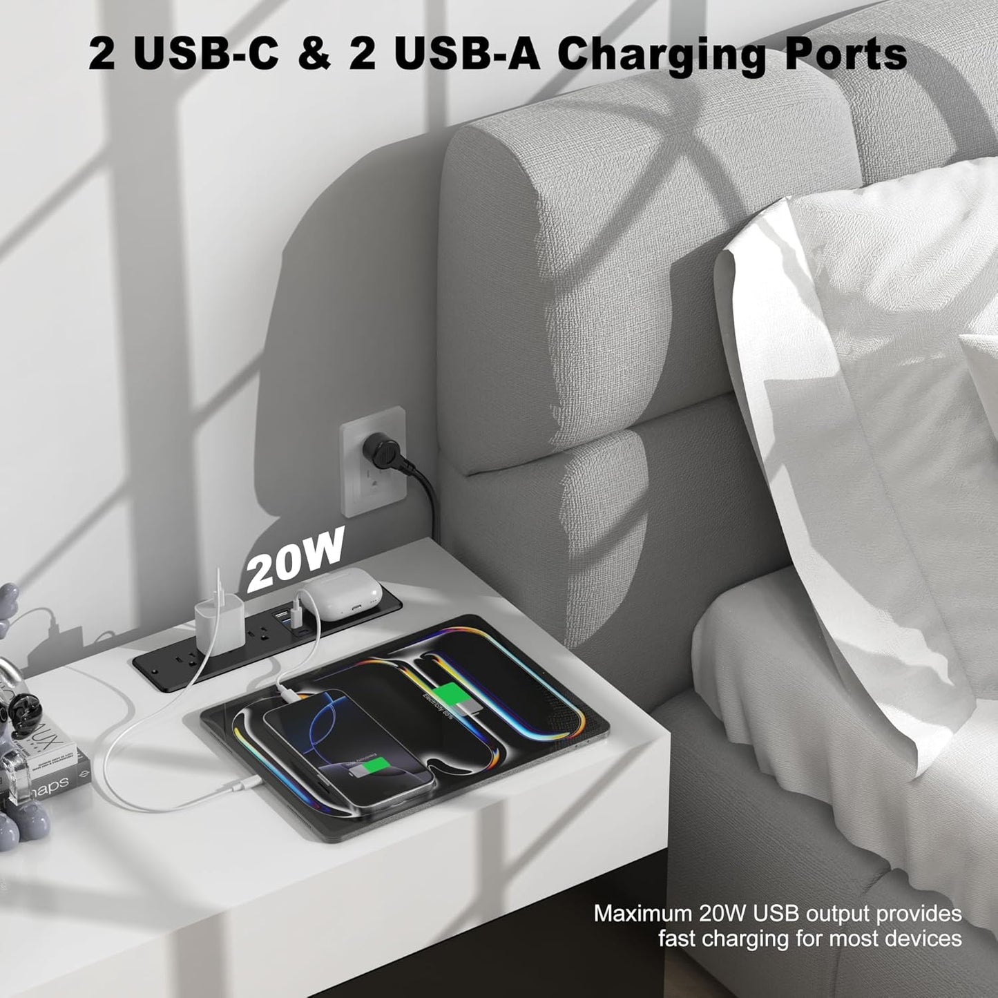 8 in 1 Recessed Power Strip with 15W Wireless Charger, 20W Fast Charging Furniture Outlet, Plug in 3 AC Outlets & 4 USB Ports Flush Mount, 10FT Cord