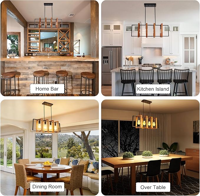 4-Light Island Lights for Kitchen, Rectangular Wood and Black Metal Kitchen Island Chandelier 31.5" Adjustable Rustic Modern Dining Room Light Fixtures Over Table, Chandeliers for Dining Room