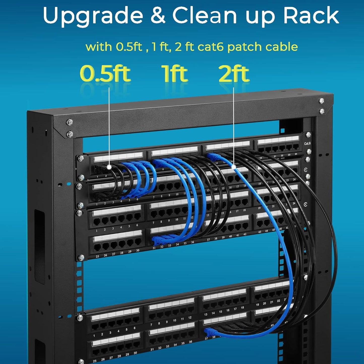 Rapink Patch Cables Cat6 2ft (24 Pack), Ethernet Patch Cable 10G, Cat 6 Patch Cable for Patch Panel to Switch, Flexiable Cat 6 Ethernet Cable with Gold Plated Black