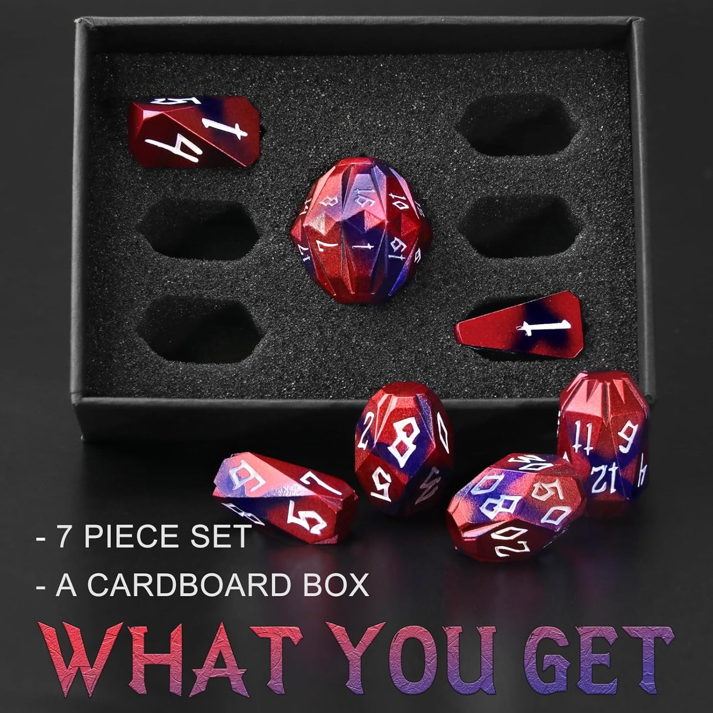 Metal Dice Set D and D for Dungeons and Dragon, Metal Polyhedral DND Dice with Cardboard Box Unique Cool RPG Dice for Role Playing Tabletop Games Gifts (Black Red)