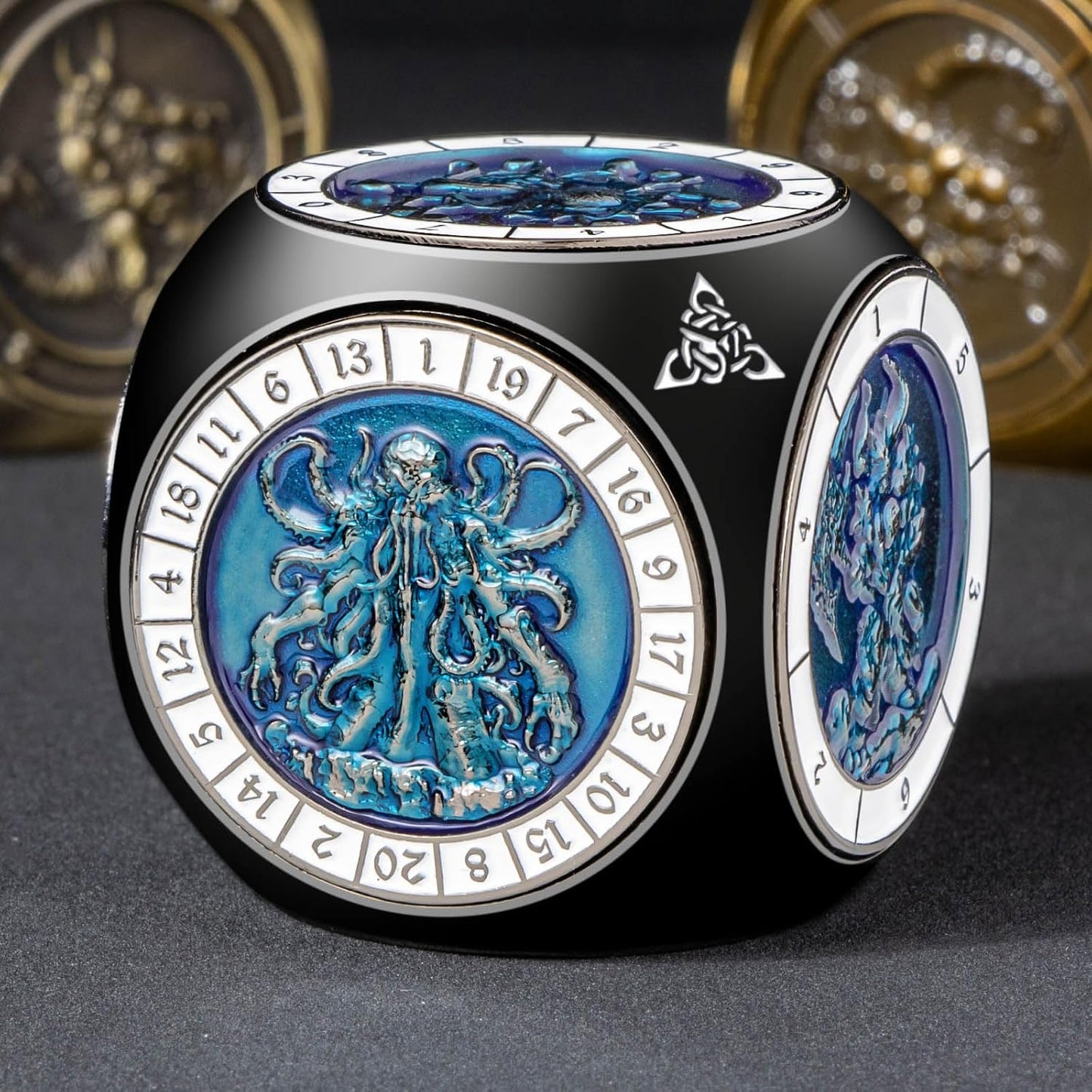 7 in 1 D6 Spinner DND Dice Set D&D, Metal Cube D and D Dice with Gift Box, Dungeons Dragons Role Playing Dice, Black Blue