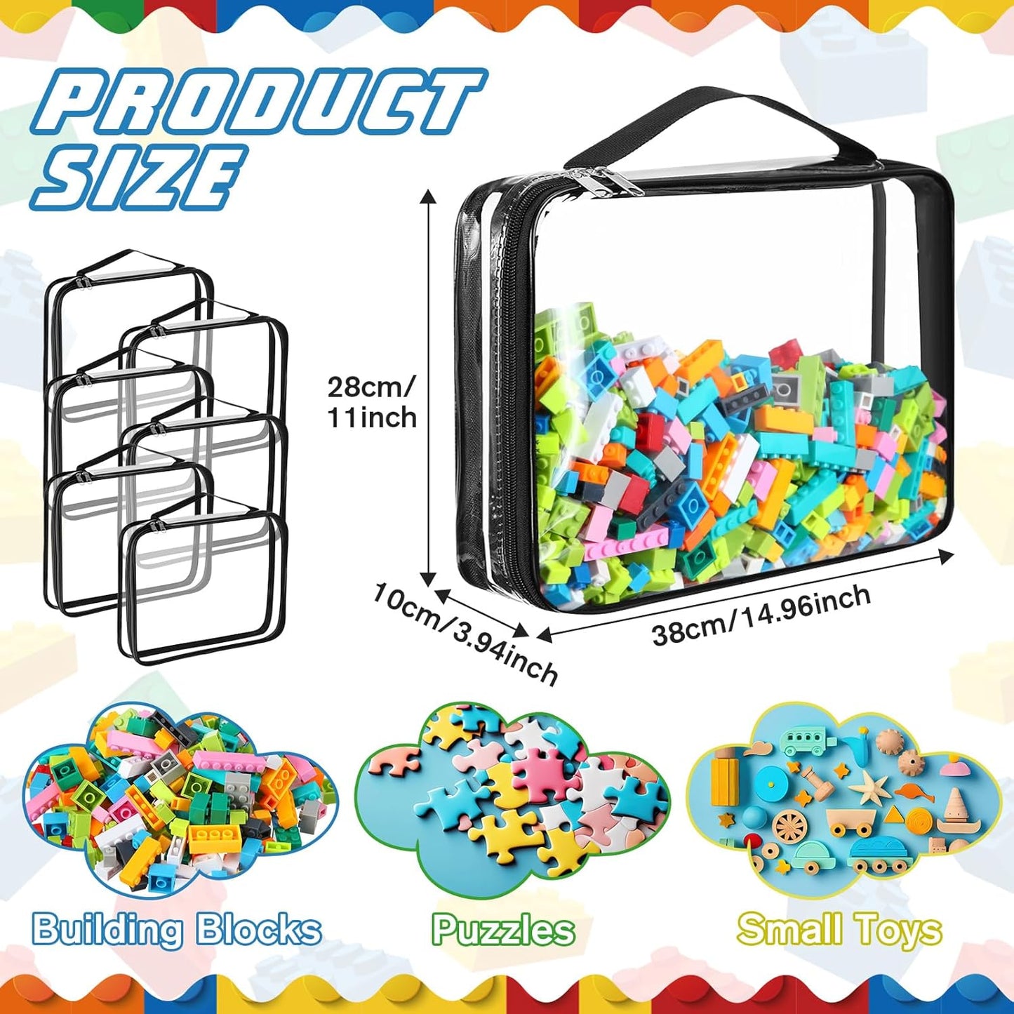 Sanwuta 6 Packs Toy Storage Bags, PVC Organizing Case Bags with Zipper, Waterproof Toy Container for Board Games, Building Blocks, Puzzles, Small Toys and Kids Books(X-Large,Black)