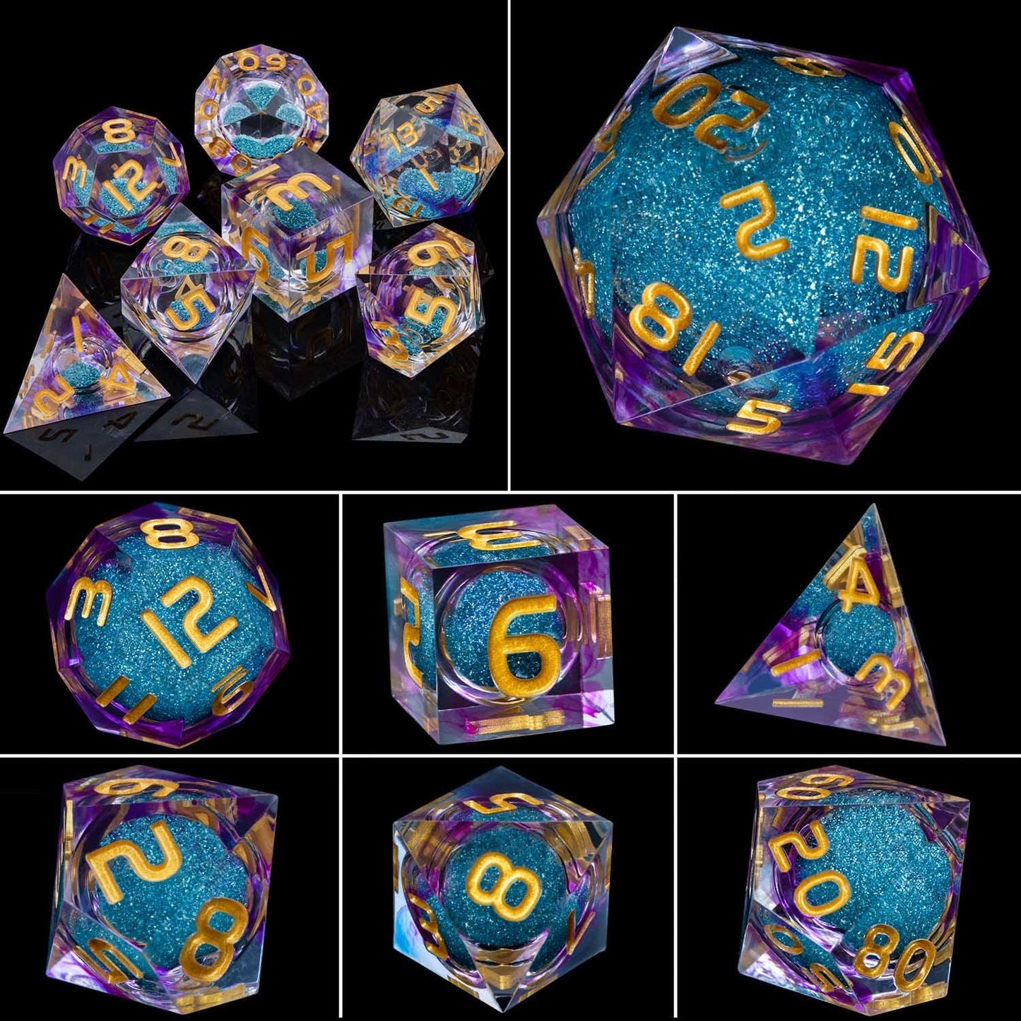 ARUOHHA Liquid Core DND Dice Set, 7pcs Resin Sharp Edged Dice RPG Purple Polyhedral D and D Dice with Gift Box, Role Playing Dice Set D20 D12 D10 D8 D6 D4