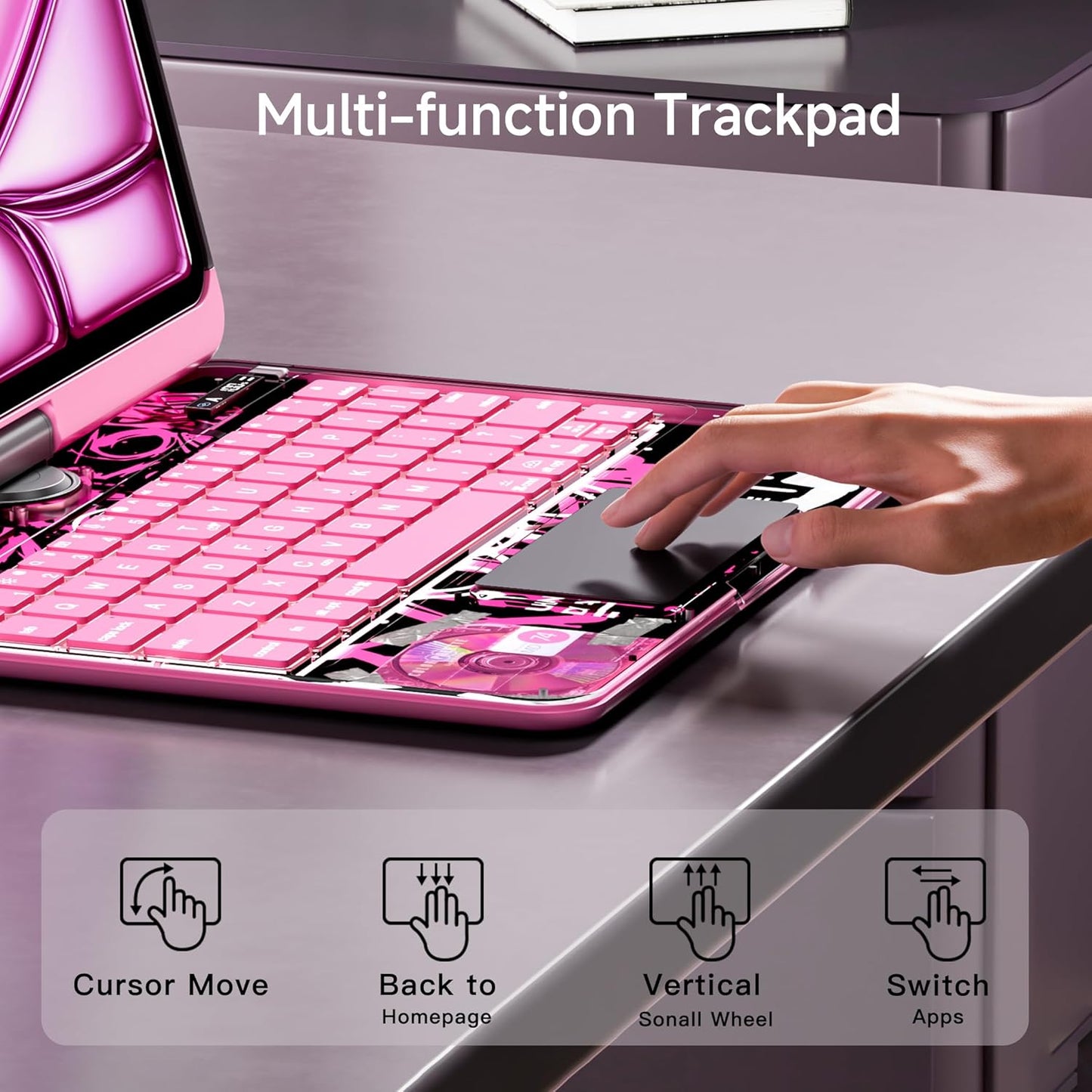 iPad Keyboard Case for 2024 M4 iPad Pro 13 inch, Magic Wireless Keyboard with Trackpad 7 Color Backlit, 360° Rotating Stand Transparent Protective Cover with Pencil Holder (Pink)