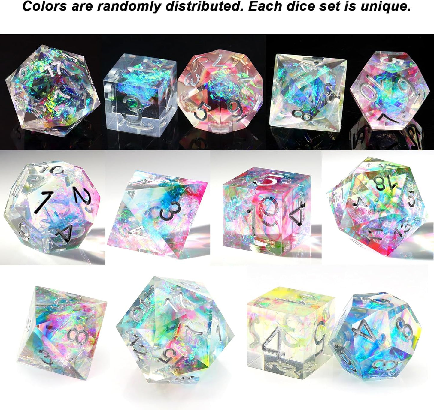 Haxtec Rainbow Sharp Edge Dice Set DND Dice with Iridescent Mylar Resin Dice Galaxy D&D Dice for RPG Role Playing Compatible with Dungeons and Dragons Gift