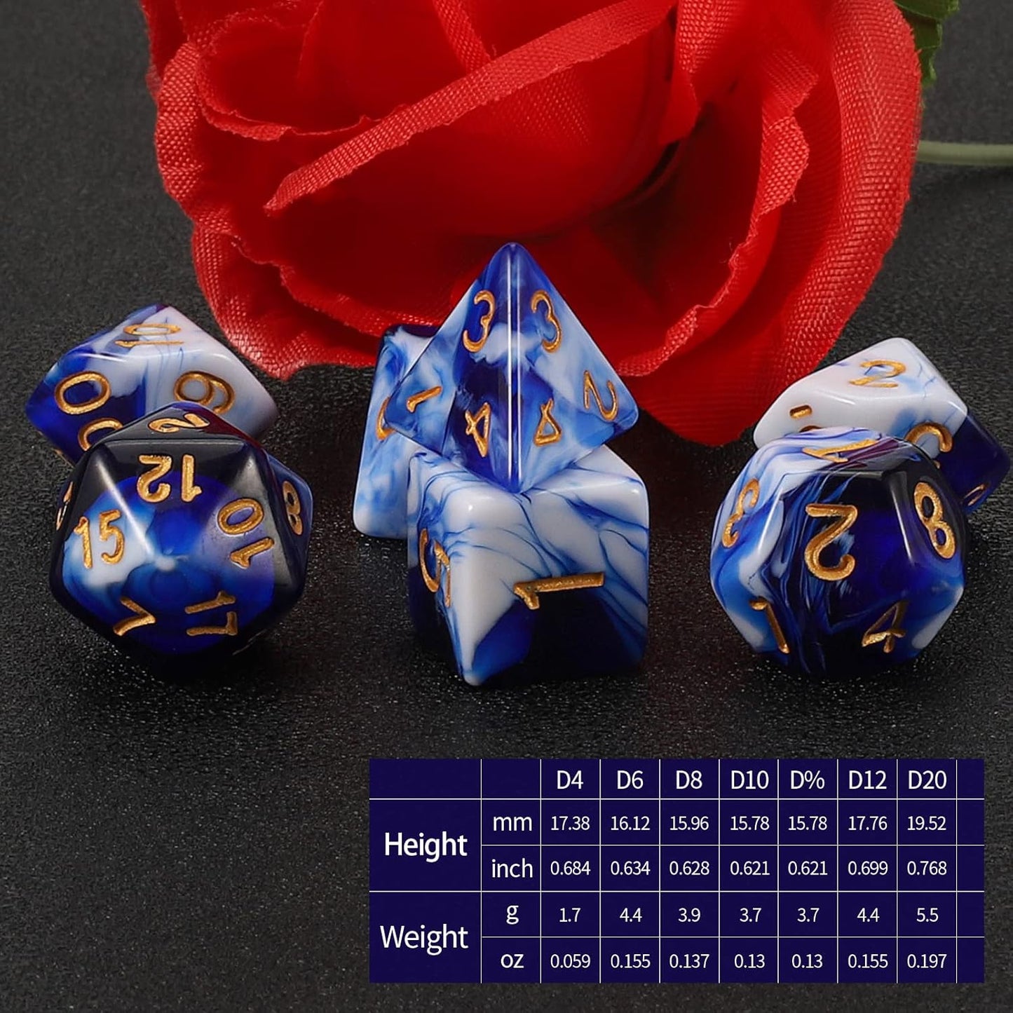 QMAY DND Dice Set - 7 Pcs Polyhedral Dice with D&D Dice Bag for Dungeon and Dragons, RPG, MTG, Role Playing Games Dice (Blue Mix White)