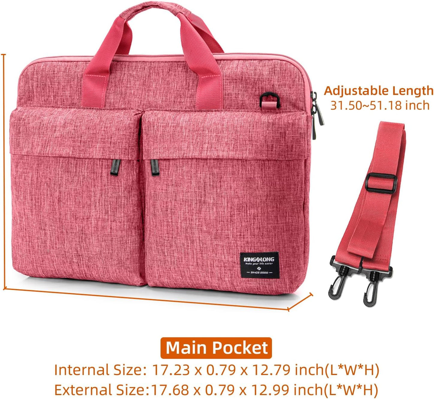 KINGSLONG Slim 17.3 inch Laptop Sleeve Bag Carrying Case with Shoulder Strap, Notebook Ultrabooks Computer Handbag Cover for Men Women Fit for Acer Asus HP Pink