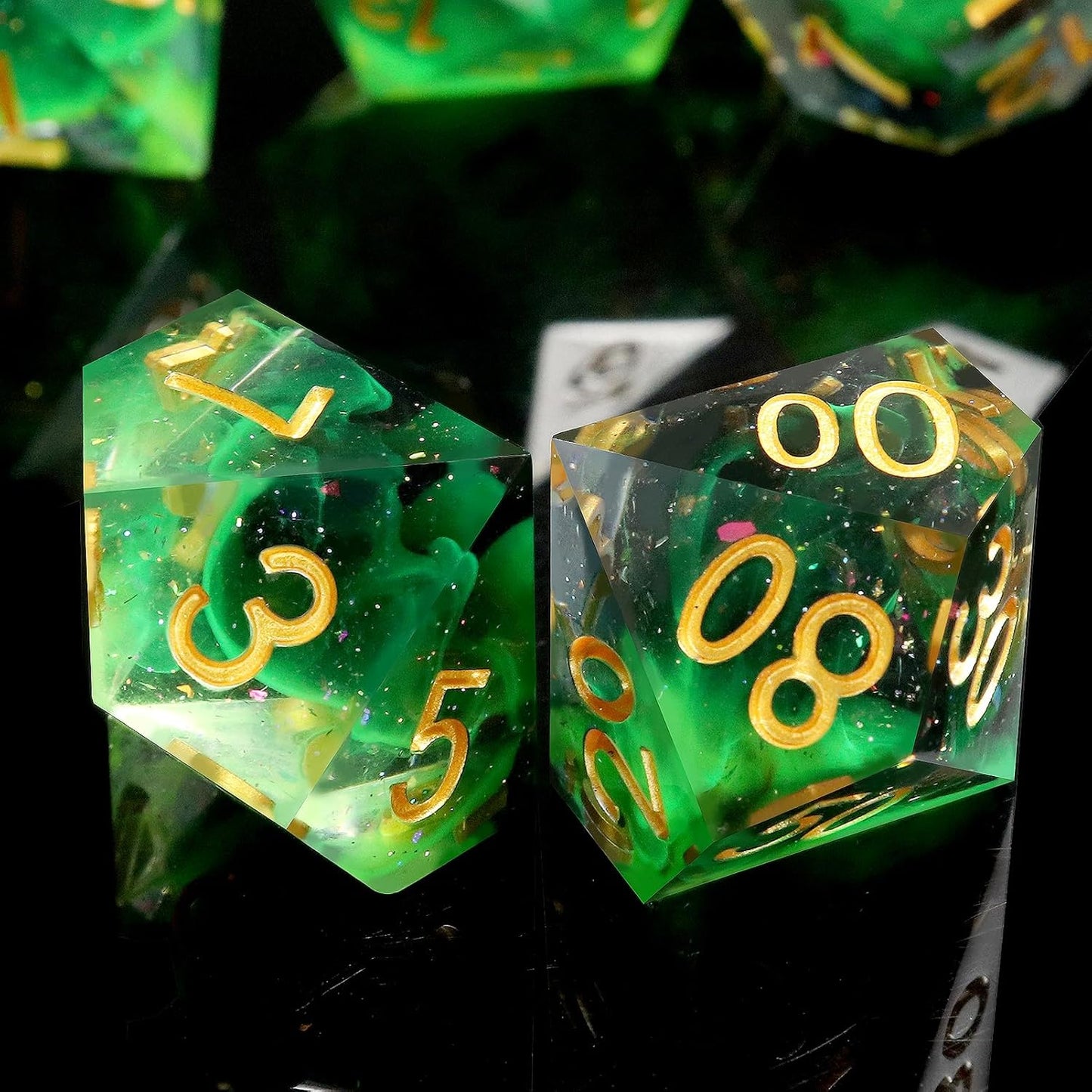 Haxtec Glitter DND Dice Set Sharp Edge Dice with Dice Case Handmade Green Resin D&D Dice Set for TTRPGs Compatible with Dungeons and Dragons Gifts