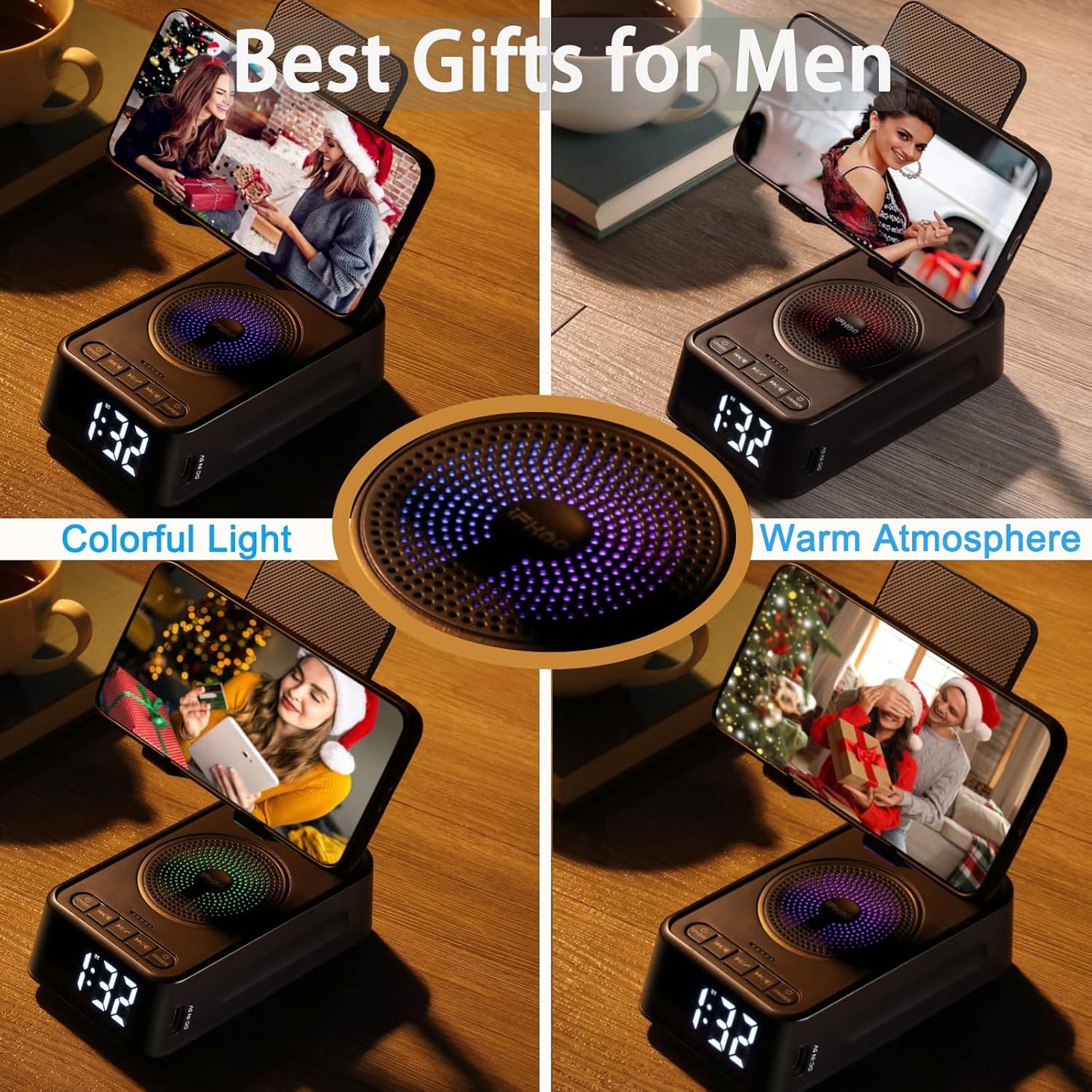 Gifts for Men Women, Phone Stand with Bluetooth Speaker&Clock, Birthday Gifts for Him, Phone Holder with Wireless Speaker, Ideal for Dad Mom Husband Boy, Cool Tech Gadget for Men
