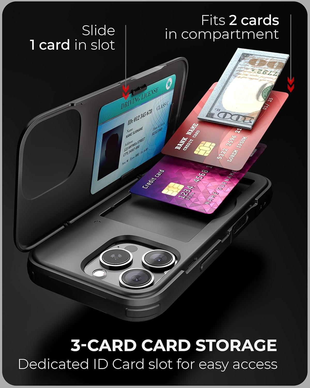 TORU CX Slim for iPhone 16 Pro Case Wallet | Protective Shockproof Heavy Duty Cover with Hidden Card Holder & Card Slot | Mirror & Wrist Strap Included - Black