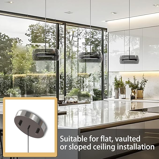 Pendant Lights Kitchen Island Dual-Sided LED Lighting, Adjustable Hanging Length, Smoked Glass Shade, Dimmable, Modern Ceiling Light Fixture for Dining Room, Bar, Living Room, Chrome Silver