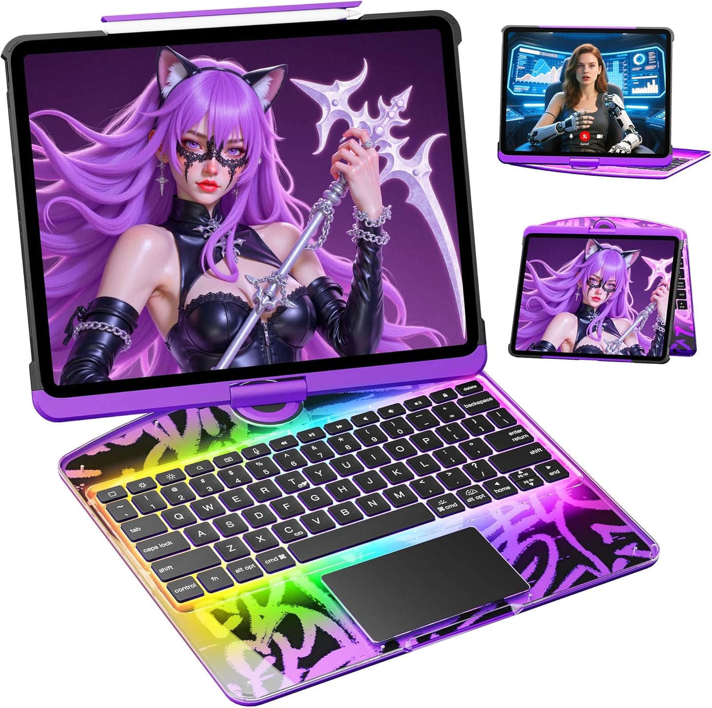 KITONE Transparent Case with Wireless Keyboard for iPad 10.2-in (7th, 8th, and 9th Gen), 7 Colors Backlight, Trackpad, 360°Rotating Stand, Tech Style