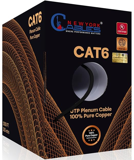 NewYork Cables | CAT6 Plenum Cable 1000ft UL/ETL Listed, 100% Pure Copper, UTP, 550MHz, 23AWG, 4Pair 10GB Ethernet Cable | Certified CMP-Rated Fire-Resistant (1000ft, Pure Copper UL Listed, Black)
