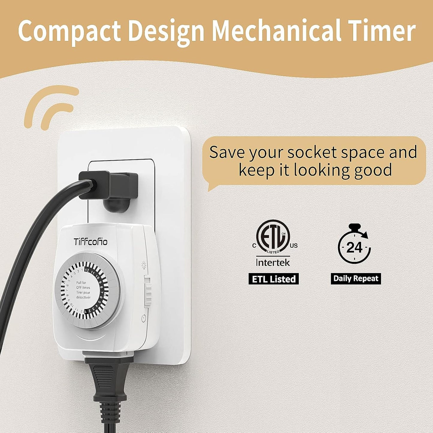 TiFFCOFiO Indoor Mechanical Timers for Electrical Outlets, 2 Prong Plug in Outlet Daily Repeating Light Timer for Indoor Lights, ETL Listed (2 Pack)