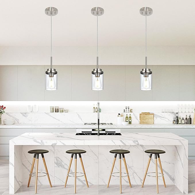 MELUCEE 3 Pack Hanging Pendant Lighting Fixtures Brushed Nickel, Adjustable Hanging Ceiling Lamp with Clear Glass Shade, Modern Pendant Light for Kitchen Island Dining Room Hallway