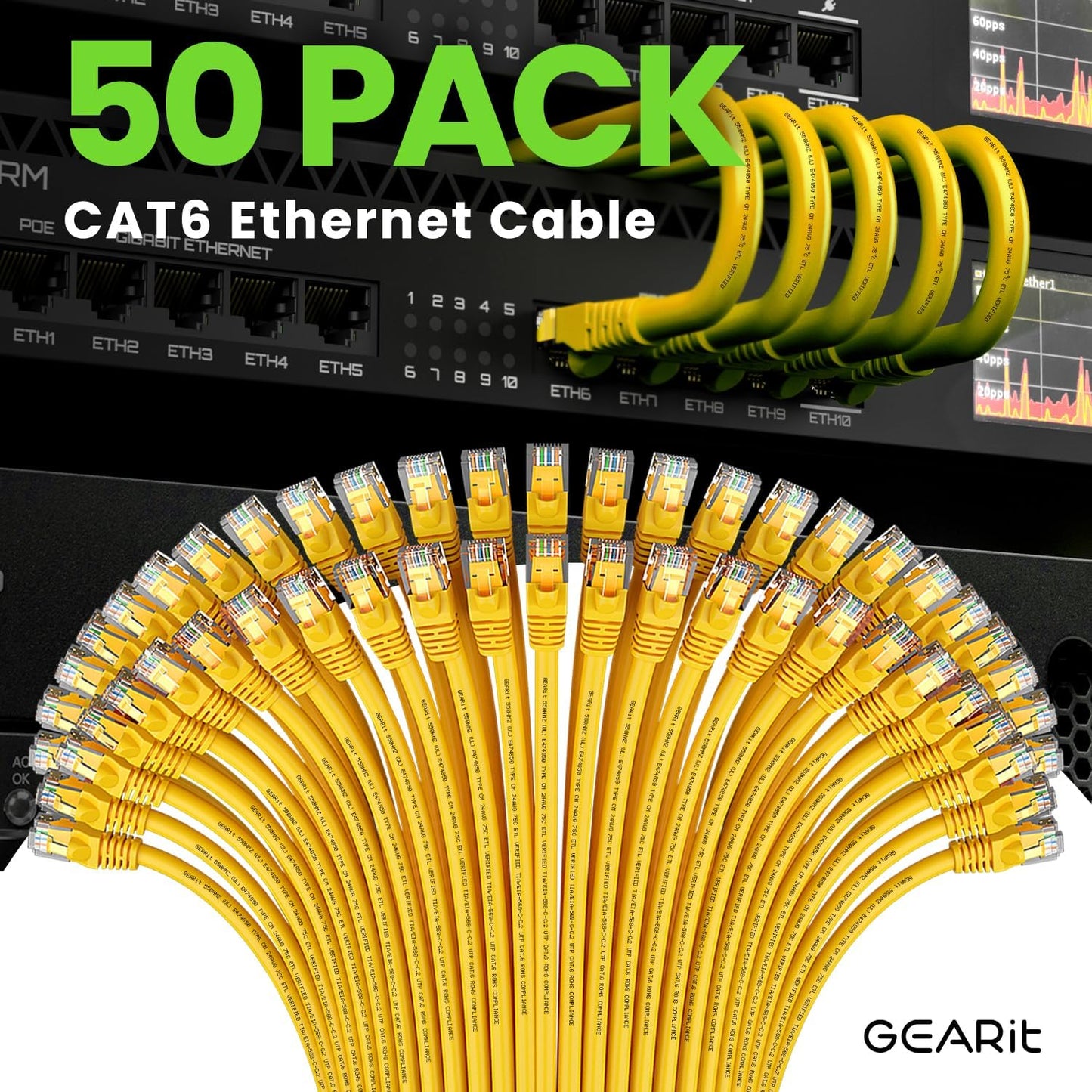 GEARit Cat 6 Ethernet Cable (50-Pack 1 Foot) Cat6 Network Patch, 10Gbps, RJ45, Snagless Cord, Gold-Plated Connectors, Internet for PC, TV, Tablet, Router, Printer, Servers, IT Data Center - Yellow
