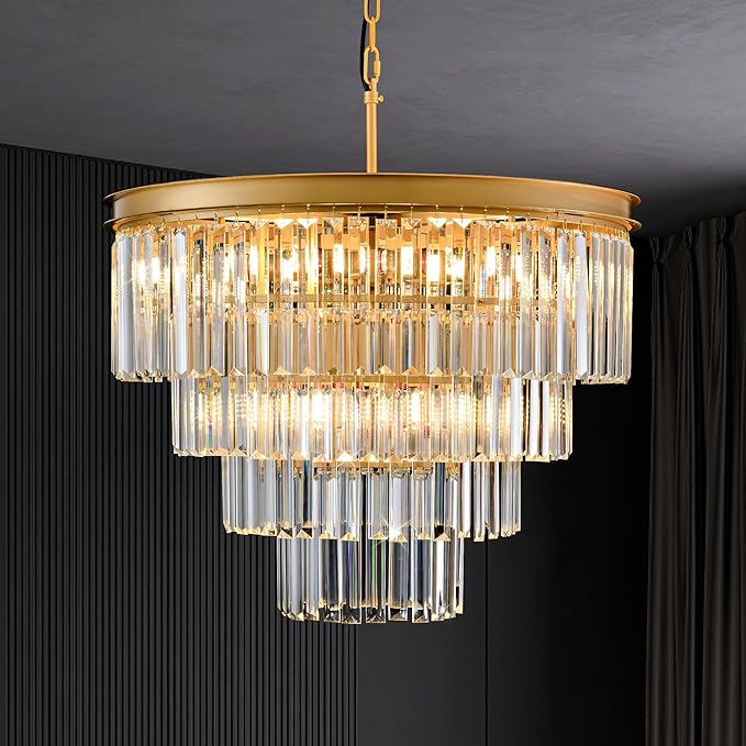 Gold Crystal Chandelier 10-Lights 22.9" Crystal Pendant Lights 4-Tier Luxury K9 Ceiling Hanging Dining Room Light Fixture for Hallway Living Room Bedroom Kitchen Island Entryway Stairway Office