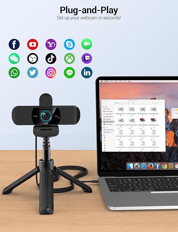 RUWBY UHD 4K Webcam with Built-in Dual Mics, Wide-Angle Lens, Privacy Cover, Tripod Stand, Autofocus PC Camera, Plug and Play for Desktop Computer or Laptop