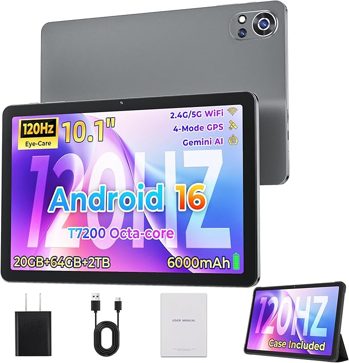 Android 16 Tablet,10 Inch IPS 120Hz Smooth Display,20GB+64GB+2TB Expandable, Octa-Core CPU,6000mAh Battery, Dual-Band WiFi, GPS,Face ID,Kids Tablets with Parent Control,Computer Tablet with Case,Grey