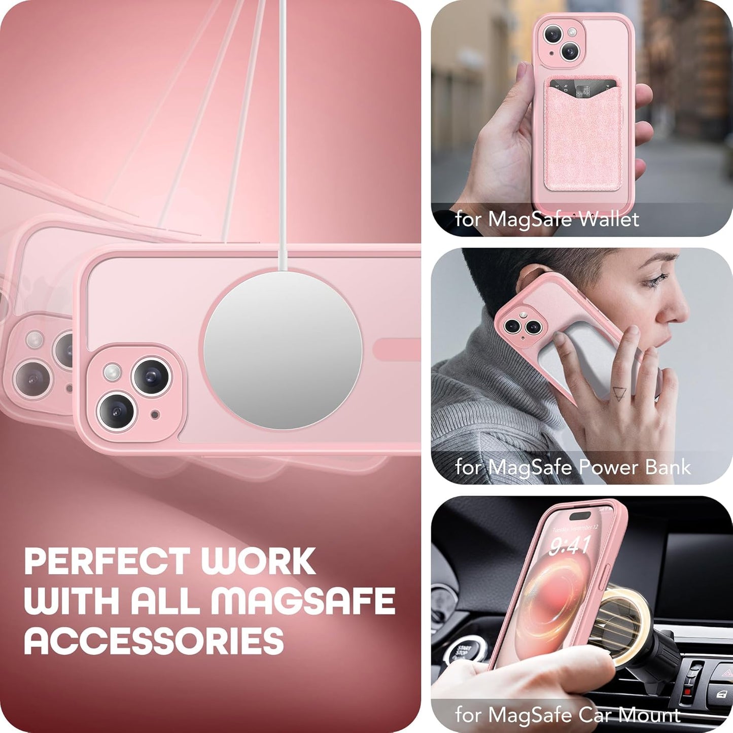 Magnetic for iPhone 15 Case, Compatible with MagSafe, Built-in Privacy Screen Protector and Camera Protection, Anti Spy Full Body Dustproof Shockproof Hard Phone Case 6.1", Pink
