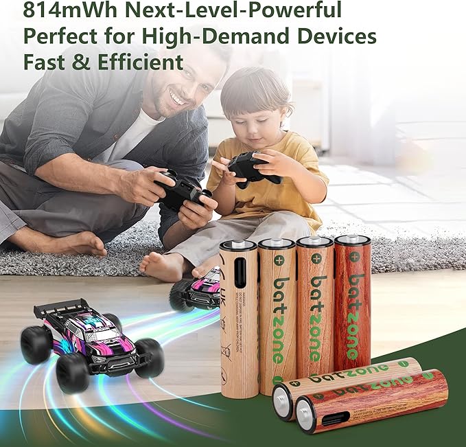 Rechargeable AAA Batteries, 814mWh AAA Batteries Lithium, Long Lasting USB C AAA Rechargeable Battery, 16 Pack with 3 USB-C 2-in-1 Charging Cable Over 1000+ Cycles