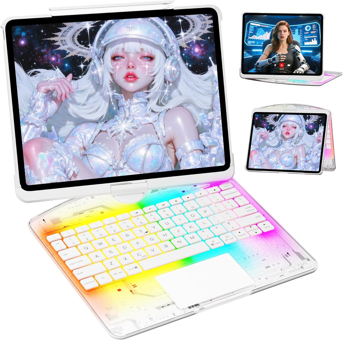 KITONE for iPad Air 11 Inch (M3/M2,2025/2024) Transperant Case with Wireless Keyboard, 7 Color Backlight, Trackpad, 360°Rotating Stand for 10.9" iPad Air 5th/4th, 11" iPad Pro 4/3/2/1 Case, Cyberpunk