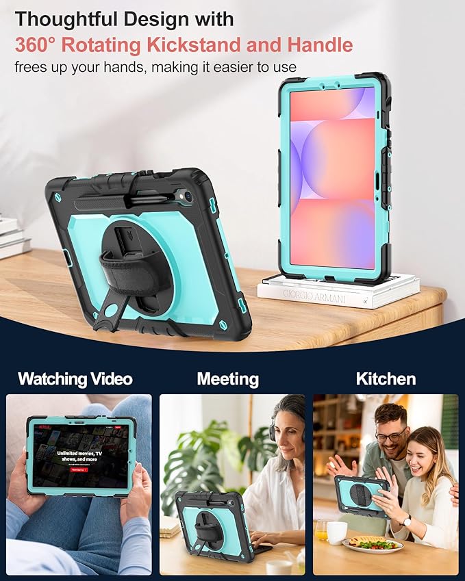 Case for Samsung Galaxy Tab S10 Lite/ S10 FE/ S9 FE 5G/ S9 Tablet Case 10.9"/11", Shockproof Protective Cover with Screen Protector, Pen Holder, 360° Rotating Stand and Hand Strap, SkyBlue
