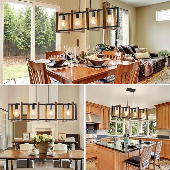 4 Lights Dining Room Light Fixture, Farmhouse Kitchen Island Lighting Wood and Black Metal Rectangular Hanging Chandelier for Ceiling Living Room, Modern Rustic Pendant Lighting Fixture Over Table