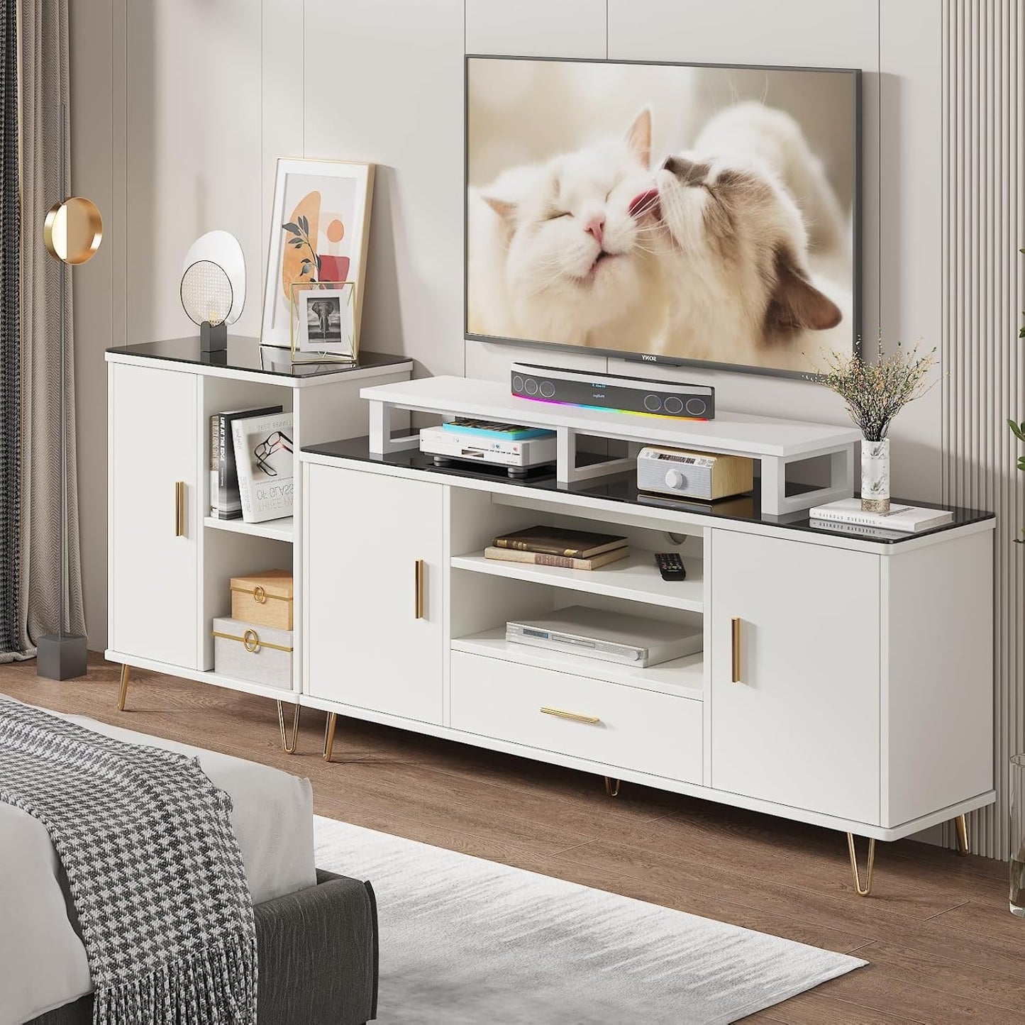 YAOHUOO 45" Large TV Riser for 32-60 inch TV, TV Riser Stand Shelf with Steel Legs, Tabletop TV Stand Riser for Home Office,White