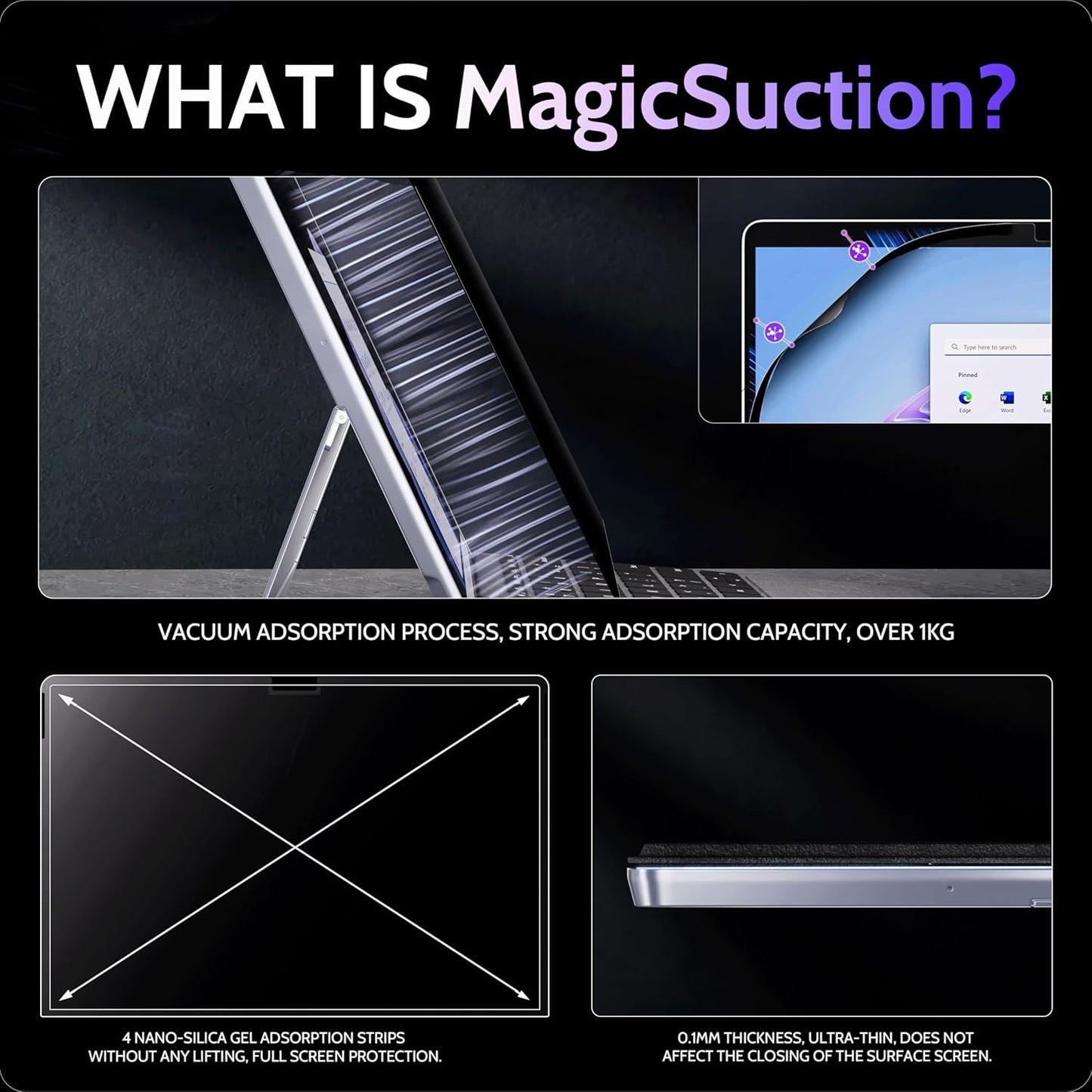 Privacy Screen for 10.5 Inch Surface Go 4/3/2/1, MagicSuction™ Removable Anti Spy Black Protector, Glare Blue Light Filter for Microsoft Laptop Computer Monitor