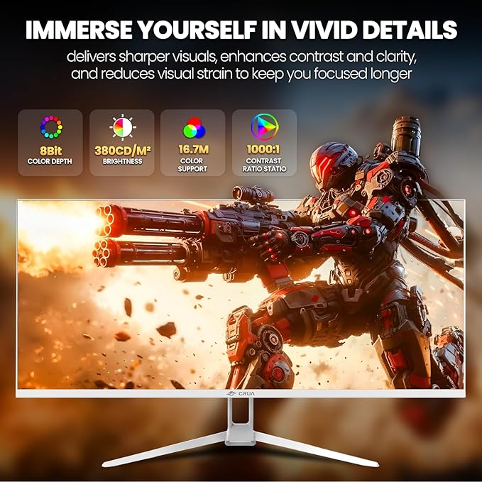 CRUA 34'' White Gaming Monitor, 165HZ/144HZ, WQHD(3440x1440P) IPS UltraWide Screen Computer Monitors with Built-in Speakers, Supports FreeSync, 120% sRGB, HDMI 2.0 & DP 1.4, Wall Mountable Installs