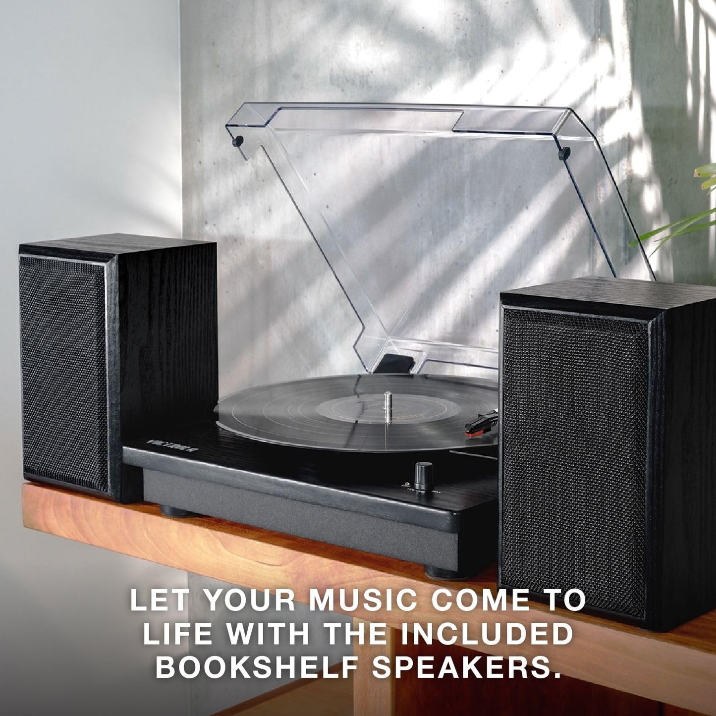 Victrola Montauk Vinyl Record Player, White Wood Finish, 3-Speed Belt Driven Turntable with Stereo Bluetooth Speaker Pair, RCA Output and 3.5mm Headphone Jack, Removable Dust Cover