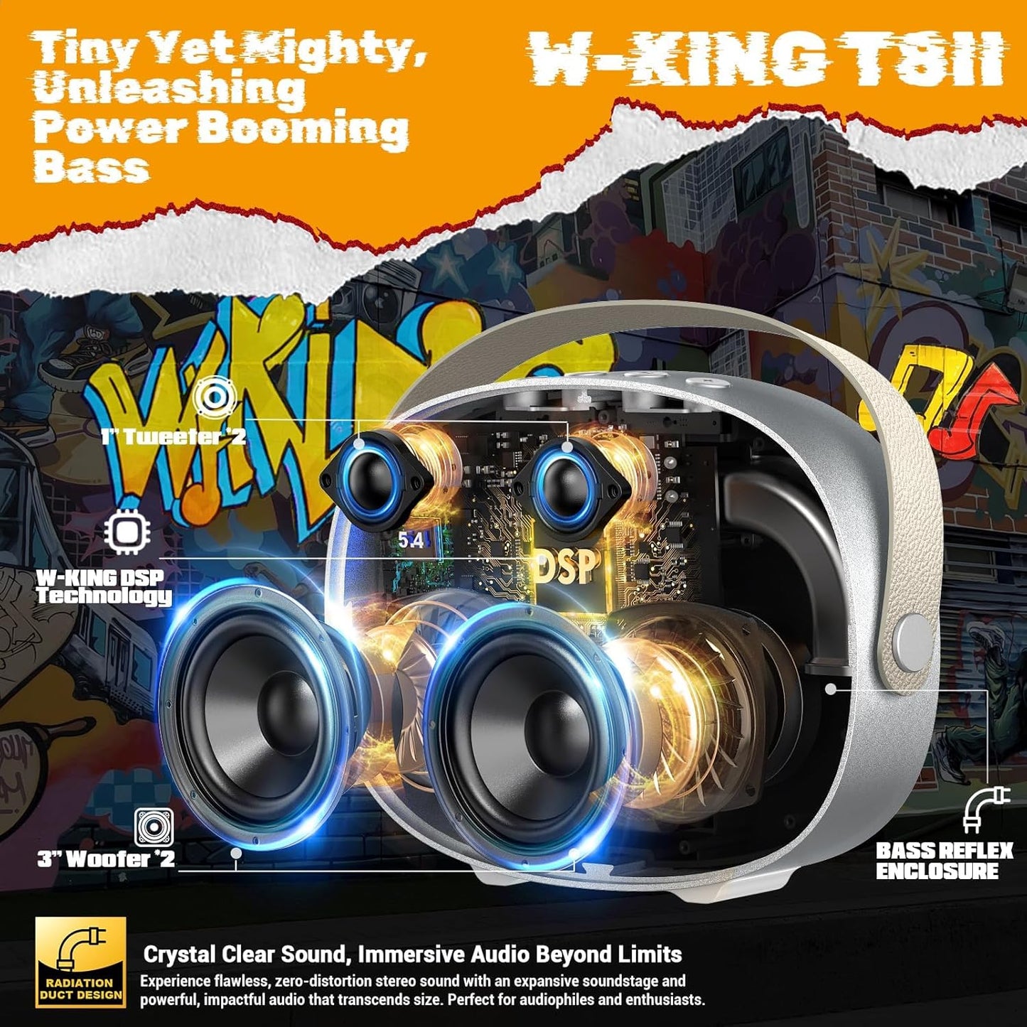 W-KING Portable Loud Speakers Bluetooth Wireless, T8II 96W Peak Powerful Outdoor Party Large Bluetooth Speaker Boombox with 2 Subwoofers, Heavy Bass, Fast Charging, BT5.4, USB Playback, AUX, Lights